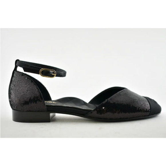Chanel 20S Black Sequin CC Logo Mary Jane Ankle Strap Ballet Ballerina Flat 38 - Picture 2 of 12
